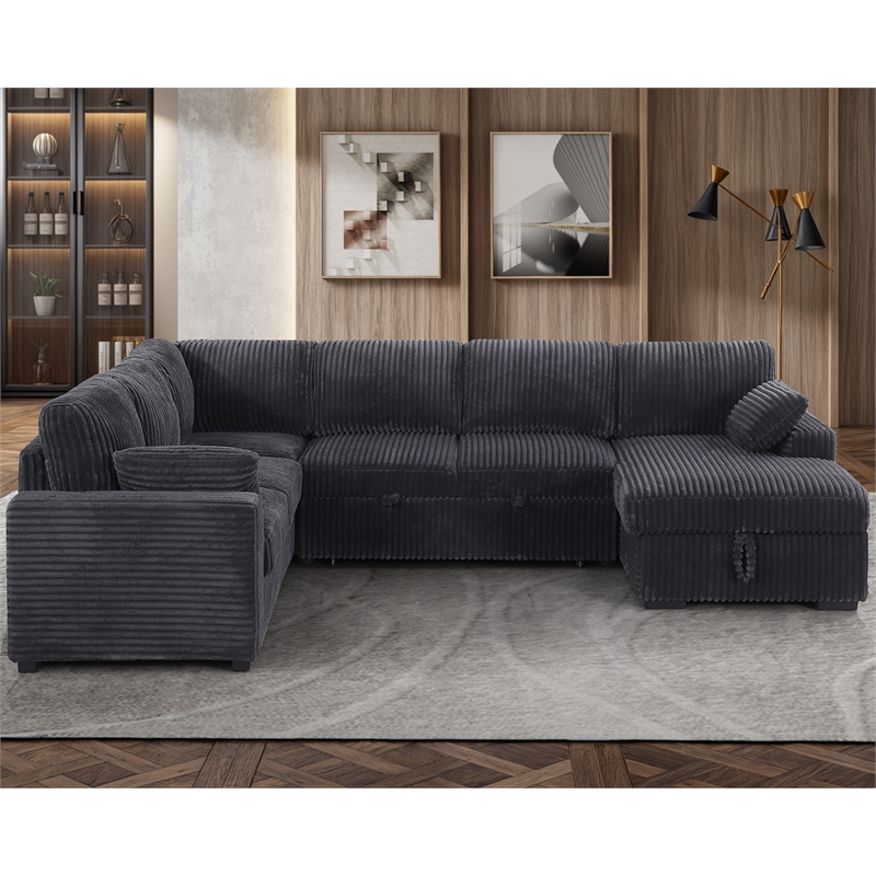 Modern Sleeper Sofa Set with Pull Out Bed Storage Chaise Fabric Dark Gray