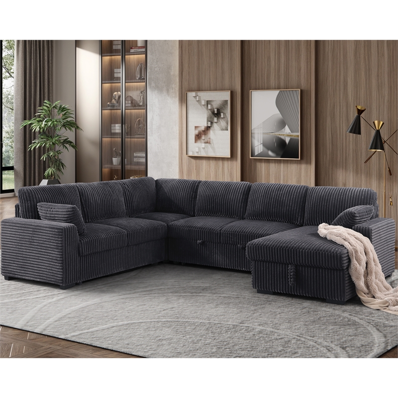 Modern Sleeper Sofa Set with Pull Out Bed Storage Chaise Fabric Dark Gray