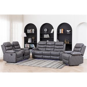 3-Piece Faux Leather Reclining Sofa Set Drop Down Table USB Charging Gray