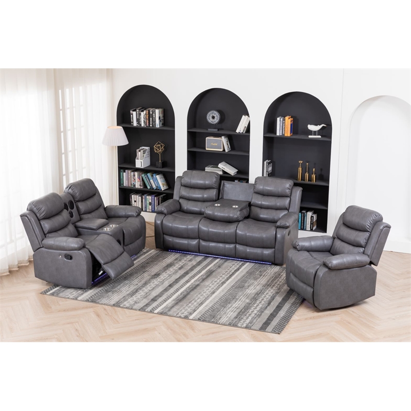 3-Piece Faux Leather Reclining Sofa Set Drop Down Table USB Charging Gray
