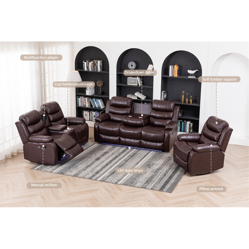3-Piece Faux Leather Reclining Sofa Set Drop Down Table USB Charging Brown