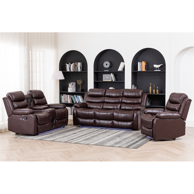 3-Piece Faux Leather Reclining Sofa Set Drop Down Table USB Charging Brown
