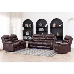 3-Piece Faux Leather Reclining Sofa Set Drop Down Table USB Charging Brown