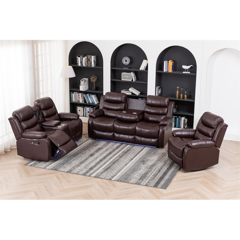 3-Piece Faux Leather Reclining Sofa Set Drop Down Table USB Charging Brown