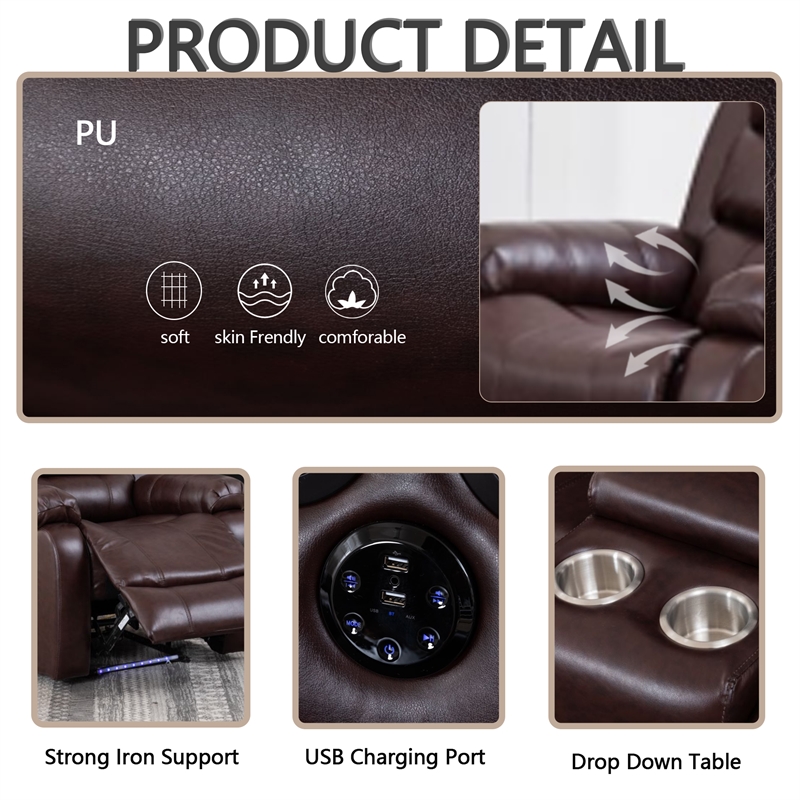 3-Piece Faux Leather Reclining Sofa Set Drop Down Table USB Charging Brown