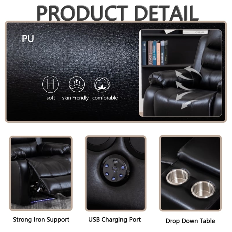 3-Piece Faux Leather Reclining Sofa Set Drop Down Table USB Charging Black