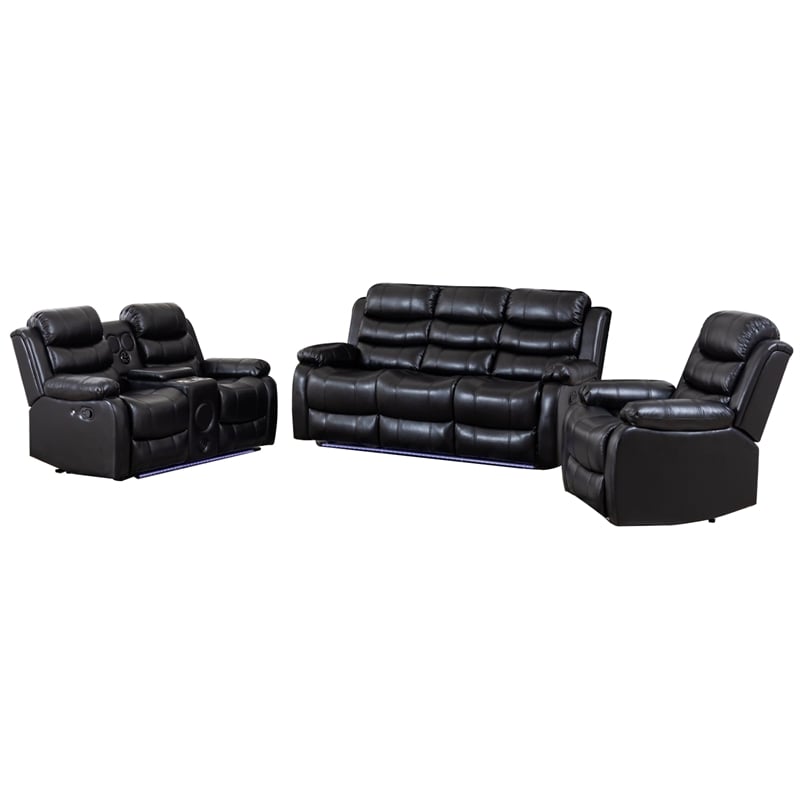 3-Piece Faux Leather Reclining Sofa Set Drop Down Table USB Charging Black