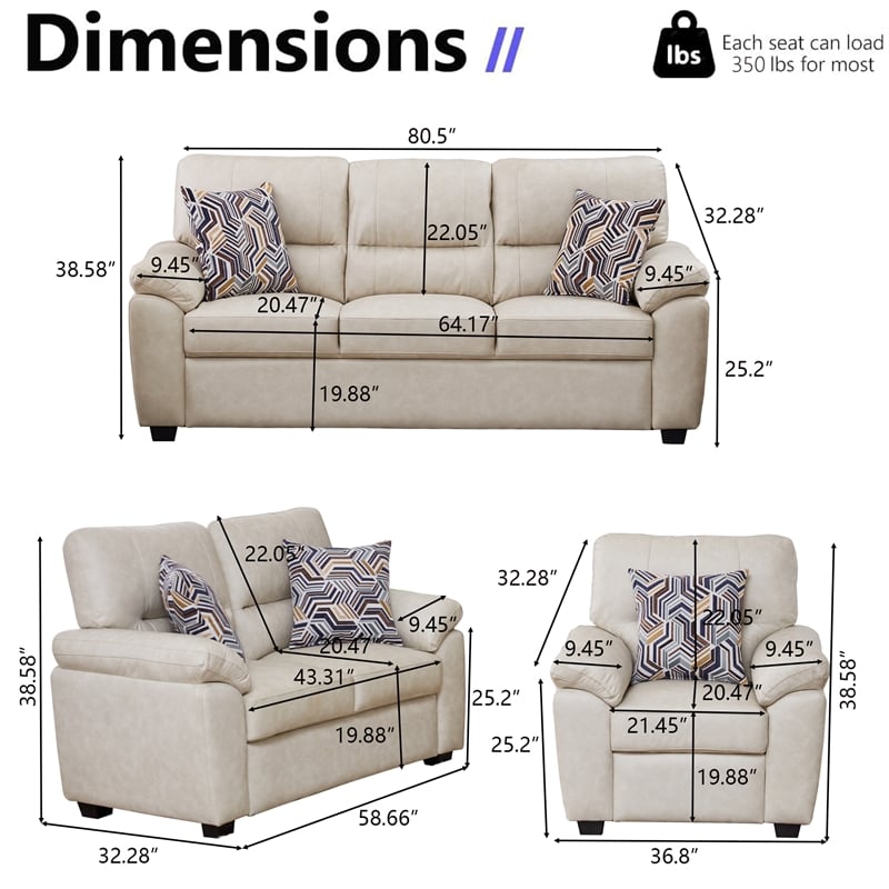 3-Piece Living Room Sofa Set Matte Faux Leather Living Room Set Beige