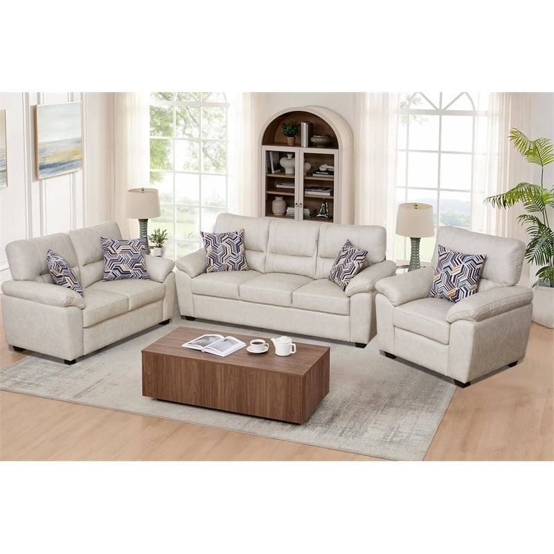 3-Piece Living Room Sofa Set Matte Faux Leather Living Room Set Beige