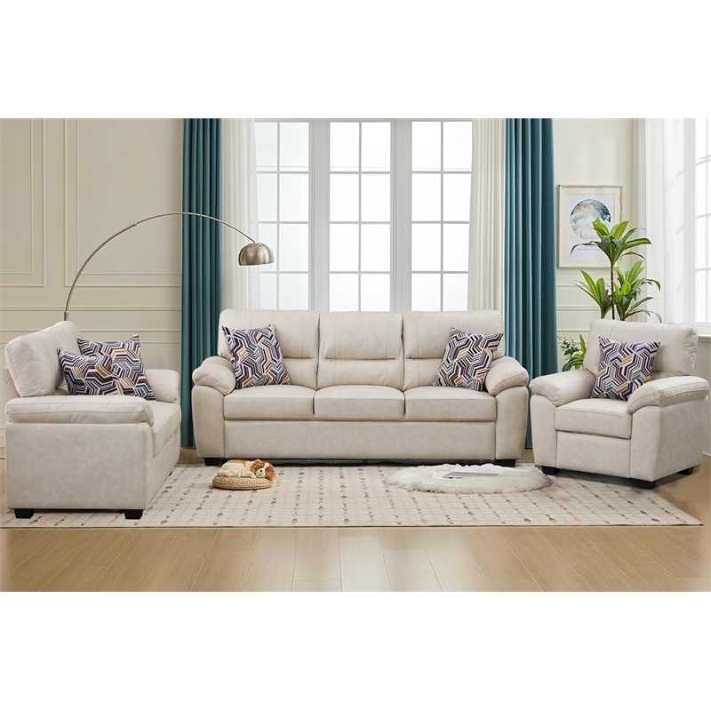 3-Piece Living Room Sofa Set Matte Faux Leather Living Room Set Beige