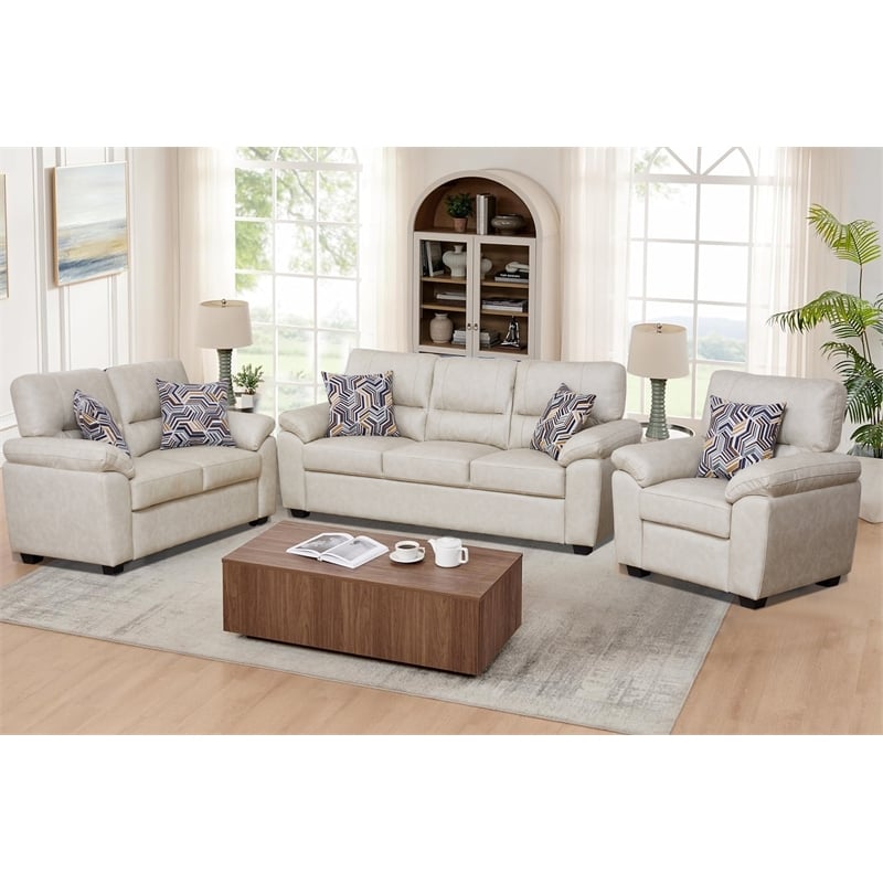 3-Piece Living Room Sofa Set Matte Faux Leather Living Room Set Beige