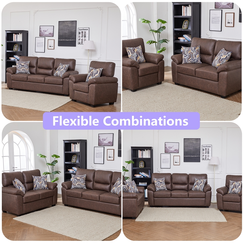 3-Piece Living Room Sofa Set Matte Faux Leather Living Room Set Brown
