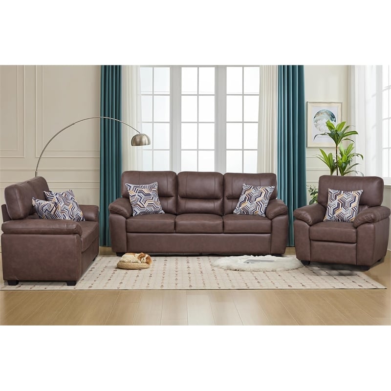 3-Piece Living Room Sofa Set Matte Faux Leather Living Room Set Brown