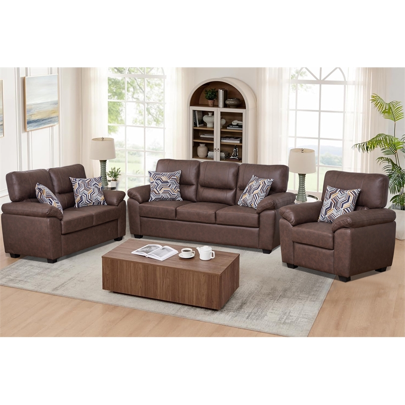 3-Piece Living Room Sofa Set Matte Faux Leather Living Room Set Brown