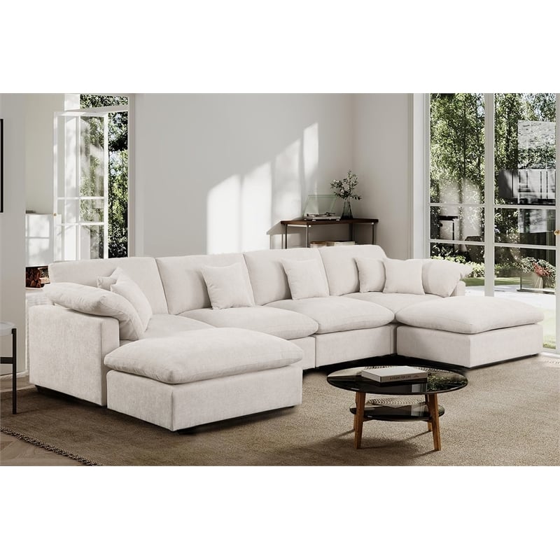 U-Shaped Chenille Sectional Sofa Cloud Couch with Ottoman Beige