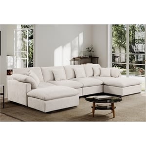 U-Shaped Chenille Sectional Sofa Cloud Couch with Ottoman Beige