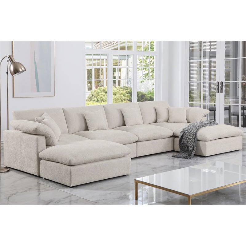 U-Shaped Chenille Sectional Sofa Cloud Couch with Ottoman Beige