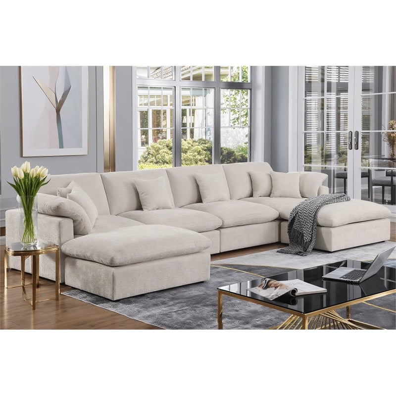 U-Shaped Chenille Sectional Sofa Cloud Couch with Ottoman Beige