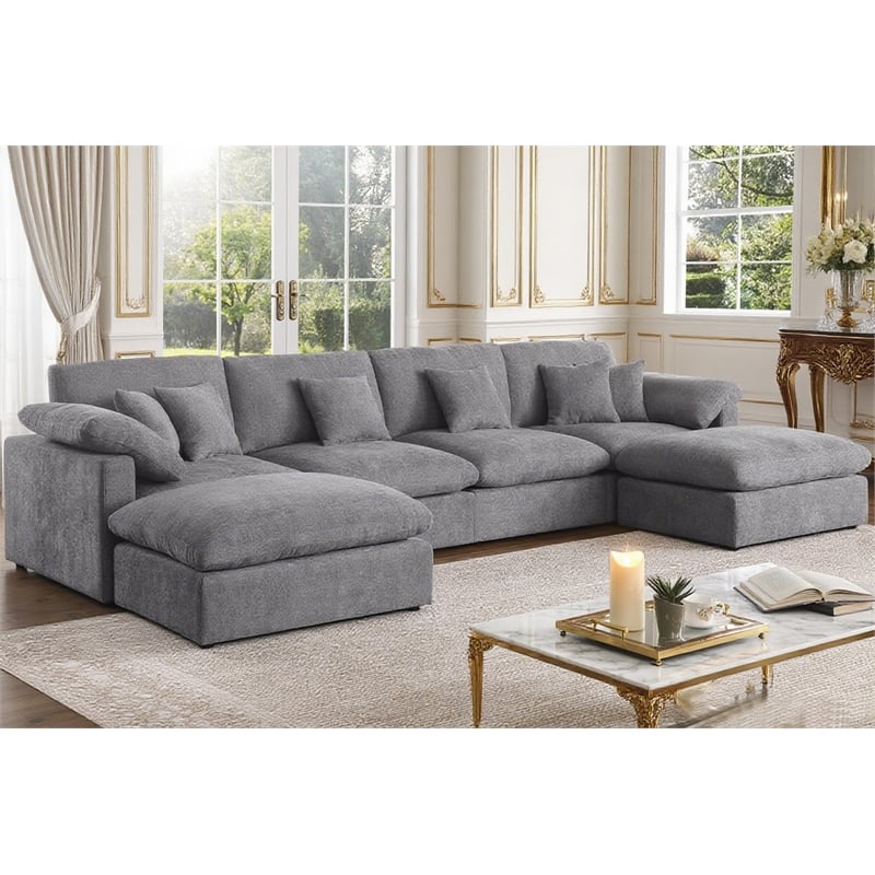 U-Shaped Chenille Sectional Sofa Cloud Couch with Ottoman Gray