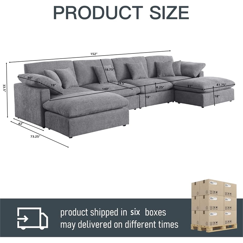 U-Shaped Chenille Sectional Sofa Cloud Couch with Ottoman Gray