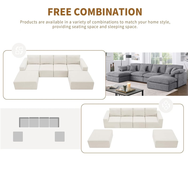 U-Shaped Chenille Sectional Sofa Cloud Couch with Ottoman Gray