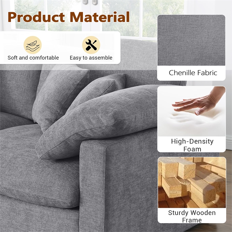 U-Shaped Chenille Sectional Sofa Cloud Couch with Ottoman Gray