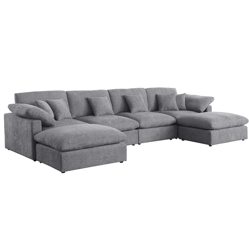 U-Shaped Chenille Sectional Sofa Cloud Couch with Ottoman Gray