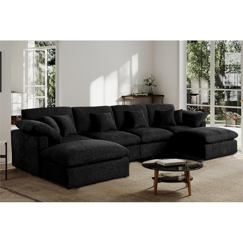 U-Shaped Chenille Sectional Sofa Cloud Couch with Ottoman Black