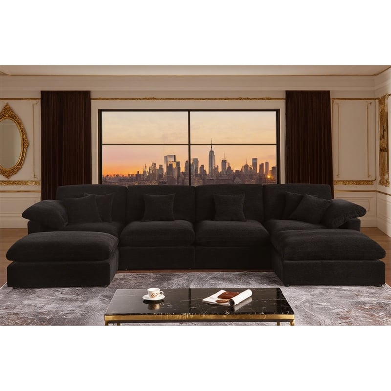U-Shaped Chenille Sectional Sofa Cloud Couch with Ottoman Black