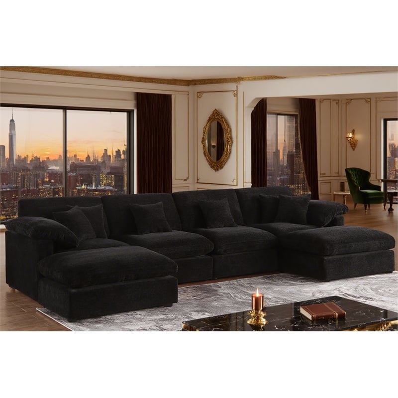 U-Shaped Chenille Sectional Sofa Cloud Couch with Ottoman Black