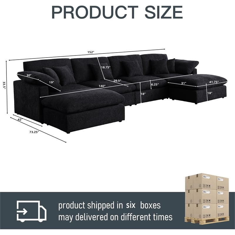 U-Shaped Chenille Sectional Sofa Cloud Couch with Ottoman Black