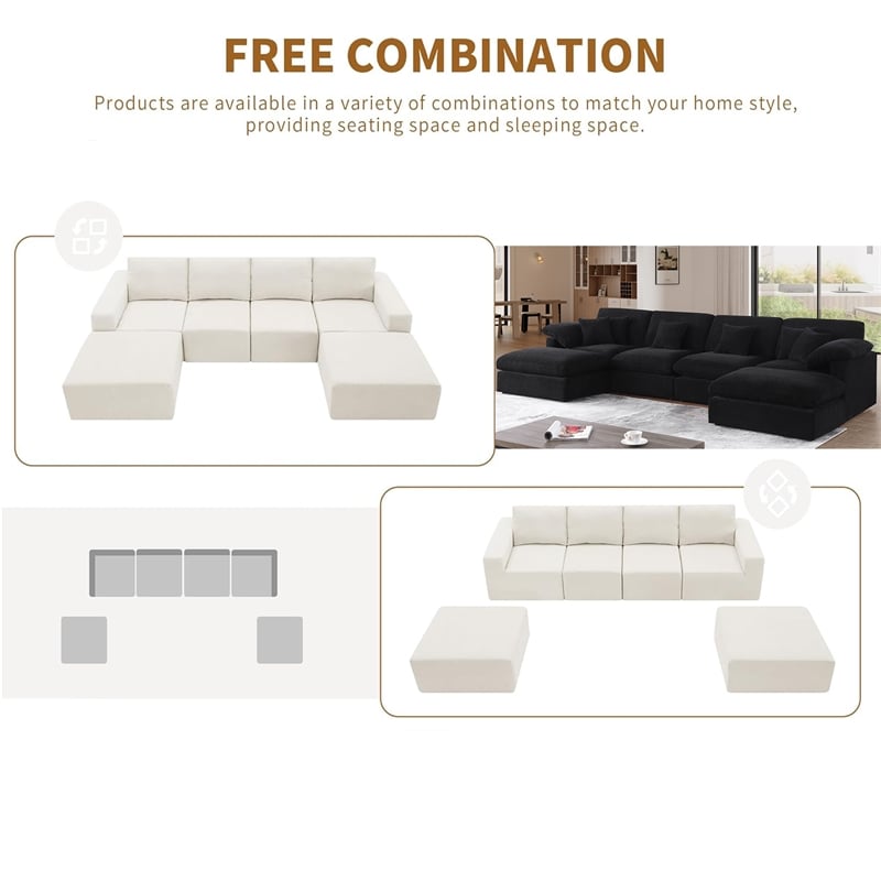 U-Shaped Chenille Sectional Sofa Cloud Couch with Ottoman Black