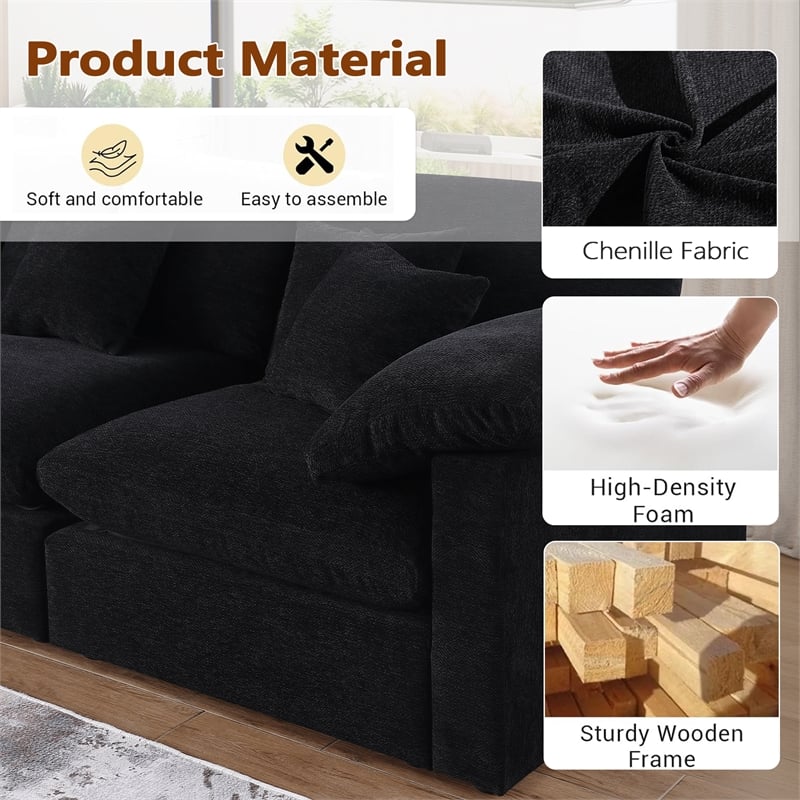U-Shaped Chenille Sectional Sofa Cloud Couch with Ottoman Black