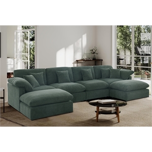 U-Shaped Chenille Sectional Sofa Cloud Couch with Ottoman Green