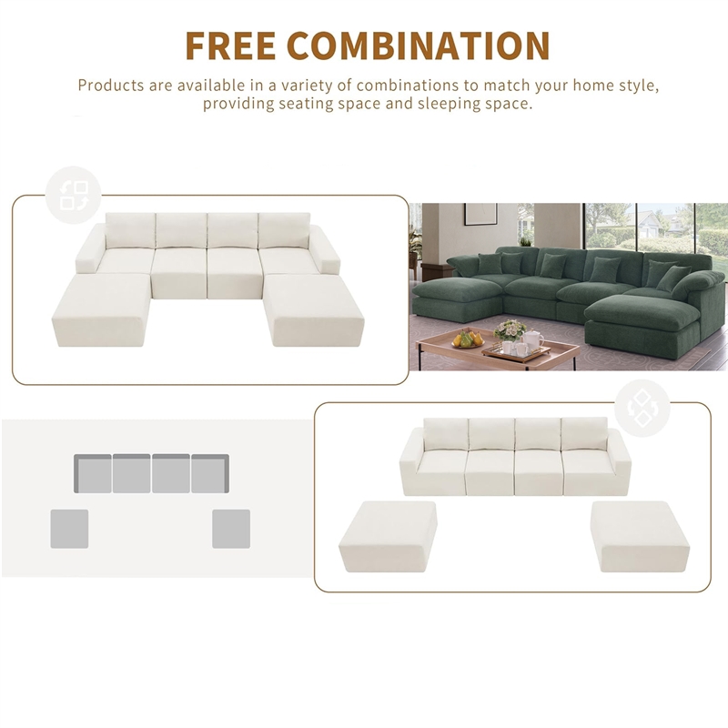 U-Shaped Chenille Sectional Sofa Cloud Couch with Ottoman Green