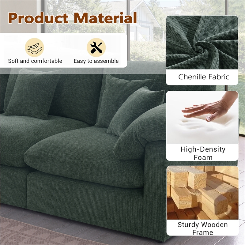 U-Shaped Chenille Sectional Sofa Cloud Couch with Ottoman Green