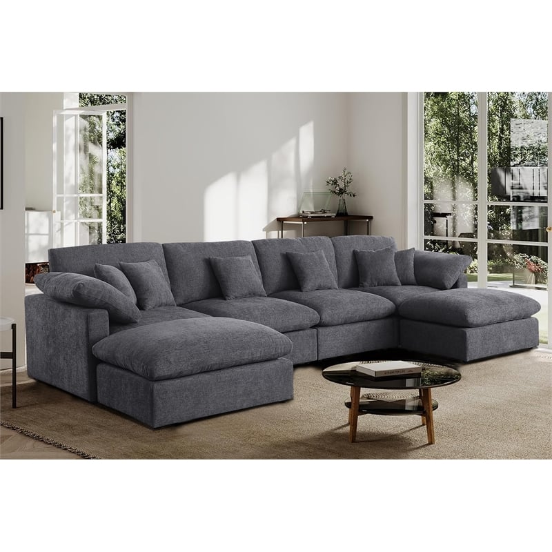U-Shaped Chenille Sectional Sofa Cloud Couch with Ottoman Dark Gray