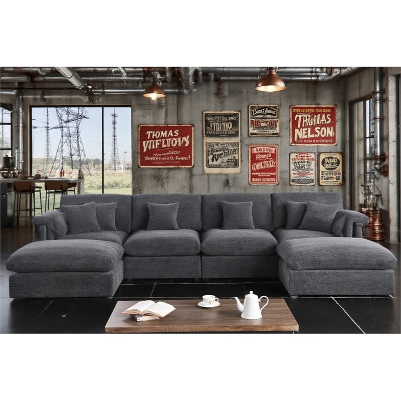 U-Shaped Chenille Sectional Sofa Cloud Couch with Ottoman Dark Gray