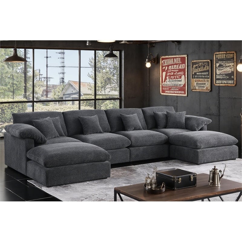 U-Shaped Chenille Sectional Sofa Cloud Couch with Ottoman Dark Gray