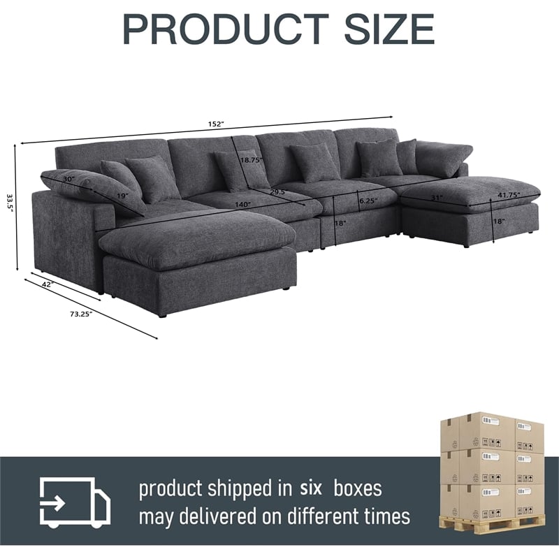 U-Shaped Chenille Sectional Sofa Cloud Couch with Ottoman Dark Gray