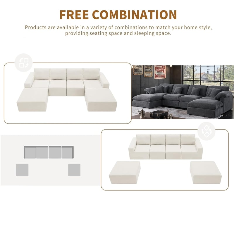 U-Shaped Chenille Sectional Sofa Cloud Couch with Ottoman Dark Gray