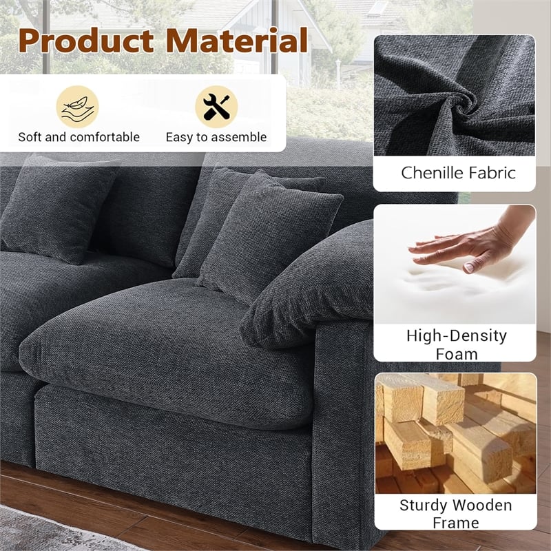 U-Shaped Chenille Sectional Sofa Cloud Couch with Ottoman Dark Gray