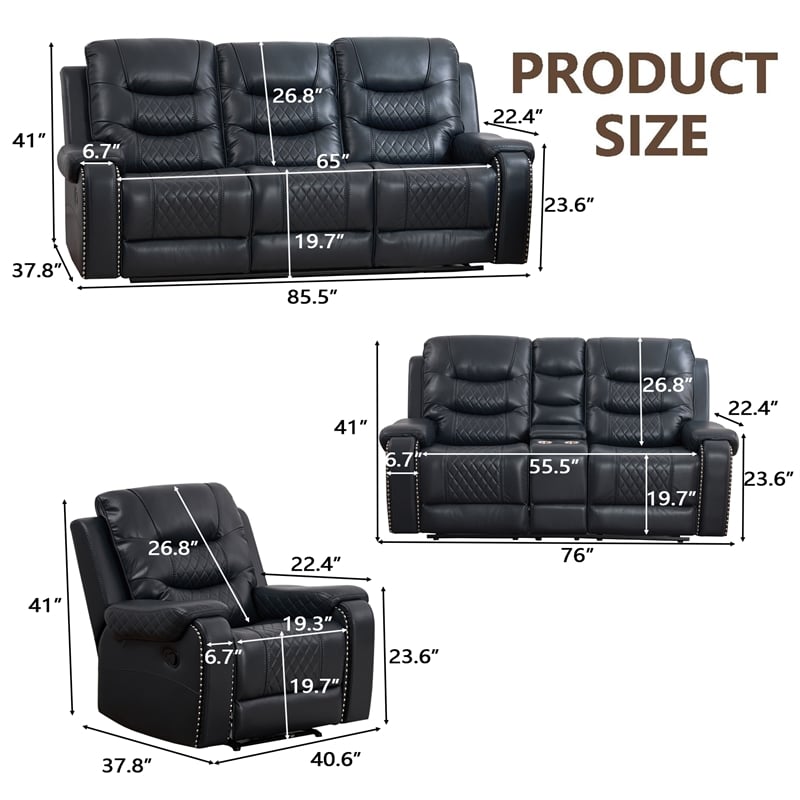 3-Piece Faux Leather Reclining Sofa Set with Drop Down Table USB Charging Blue