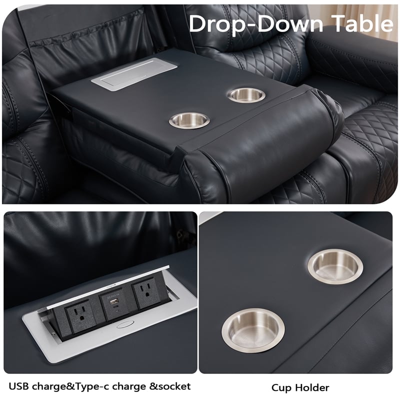 3-Piece Faux Leather Reclining Sofa Set with Drop Down Table USB Charging Blue