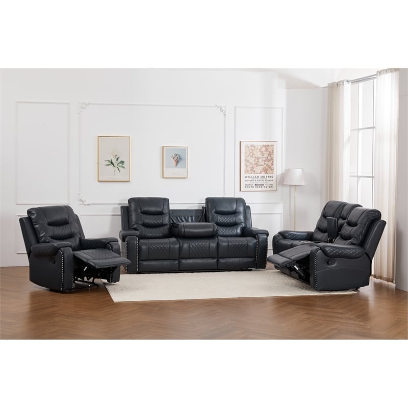 3-Piece Faux Leather Reclining Sofa Set with Drop Down Table USB Charging Blue