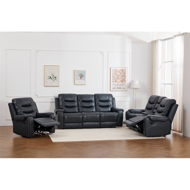 3-Piece Faux Leather Reclining Sofa Set with Drop Down Table USB Charging Blue