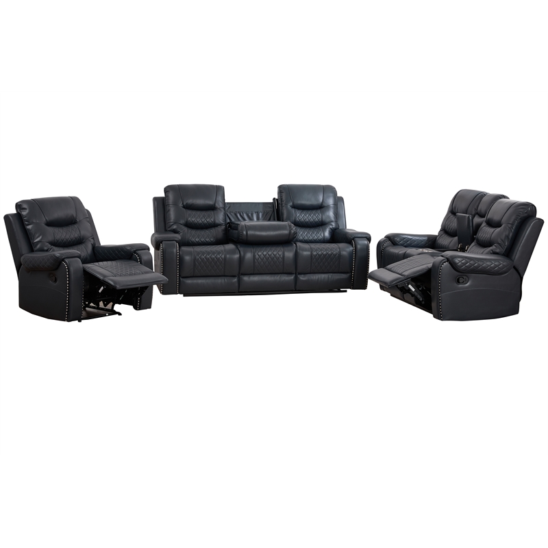 3-Piece Faux Leather Reclining Sofa Set with Drop Down Table USB Charging Blue