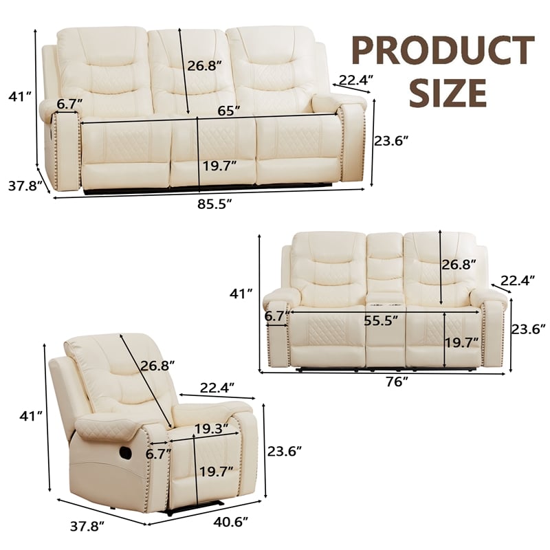 3-Piece Faux Leather Reclining Sofa Set with Drop Down Table USB Charging Beige