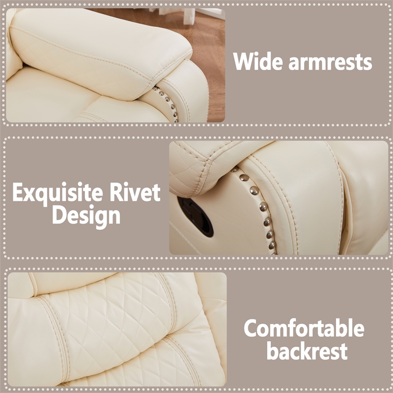 3-Piece Faux Leather Reclining Sofa Set with Drop Down Table USB Charging Beige