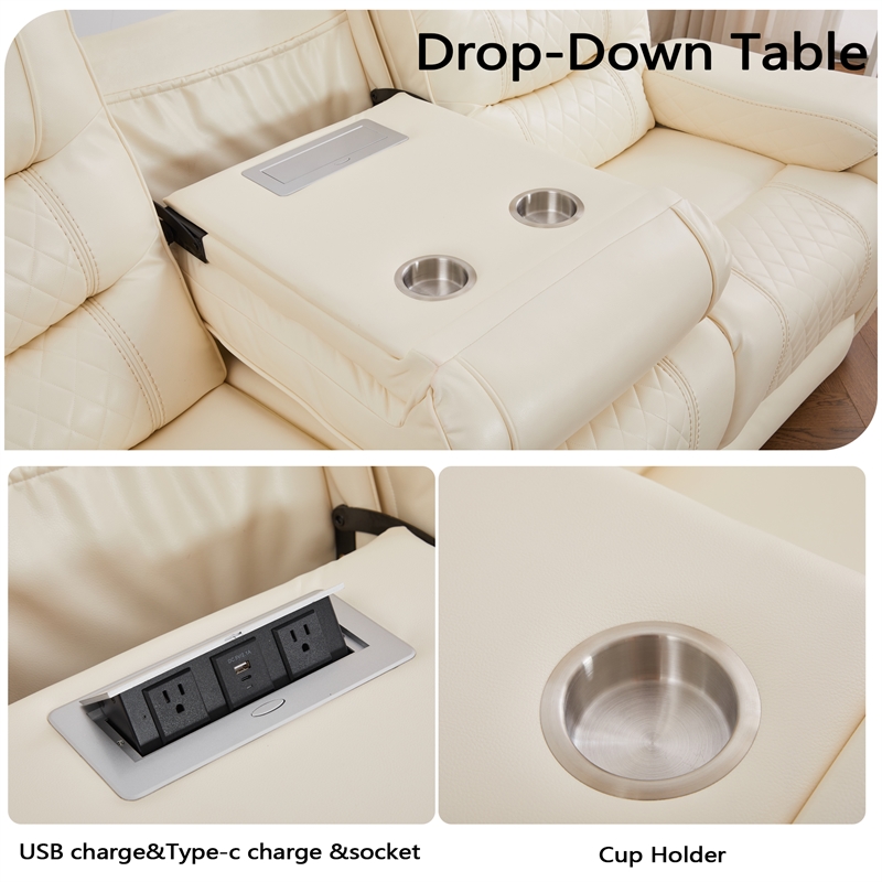 3-Piece Faux Leather Reclining Sofa Set with Drop Down Table USB Charging Beige